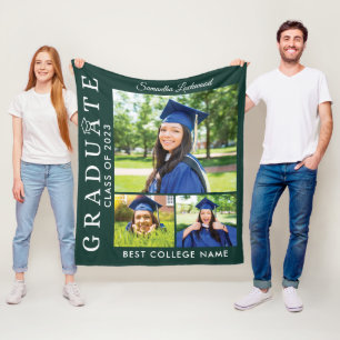 卒業式2023 Photo Collage Green Grad Keepsake フリースブランケット