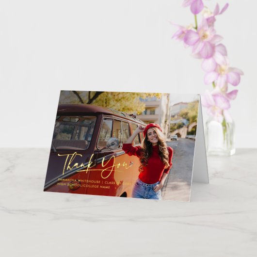 卒業式2024ありがとうフォトスクリプト金ゴールド 箔グリーティングカード (蘭)