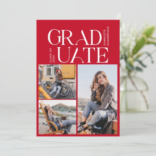 卒業式2024グラー赤と白ド写真パーティー 招待状 (スタンド正面)