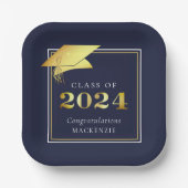 卒業式2024ネイビーブルー金属フェイク金ゴールド ペーパープレート (Front)