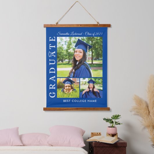 卒業式2024 Photo Collage Blue Grad Keepsake 吊り下げ型タペストリー (寝室)