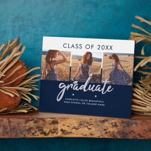 卒業式2024 Photo Collage Navy Blue Keepsake フォトプラーク (側面)