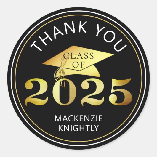 卒業式2025ありがとう黒フェイク金箔 ラウンドシール (正面)