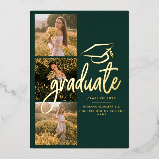 卒業式2025グリーンフォトゴールドフォイル発表 箔招待状 (正面)