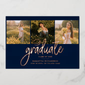 卒業式2025ネイビーブルーフォトコラージュバラ金ゴールド 箔招待状 (正面)