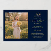 卒業式2025ネイビーブルーフォトコラージュバラ金ゴールド 箔招待状 (裏面)