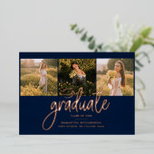 卒業式2025ネイビーブルーフォトコラージュバラ金ゴールド 箔招待状 (立ち正面)