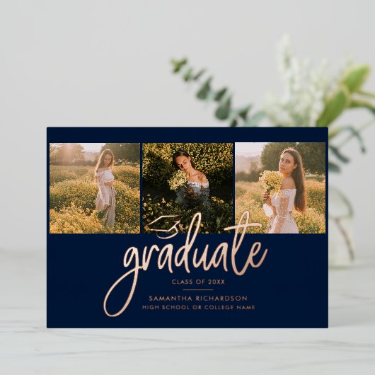 卒業式2025ネイビーブルーフォトコラージュバラ金ゴールド 箔招待状 (立ち正面)