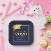 卒業式2025ネイビーブルー金属フェイク金ゴールド ペーパープレート (パーティー)