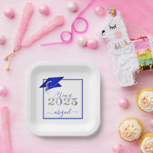 卒業式2025フェイクメタリック王室のブルーシルバー ペーパープレート (パーティー)