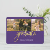 卒業式2025フォトコラージスクリプトパープル金ゴールド 案内状 (スタンド正面)