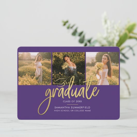 卒業式2025フォトコラージスクリプトパープル金ゴールド 案内状 (スタンド正面)