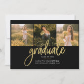 卒業式2025フォトコラージスクリプトブラック金ゴールド 案内状 (正面)