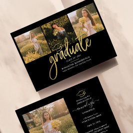 卒業式2025フォトコラージスクリプトブラック金ゴールド 案内状