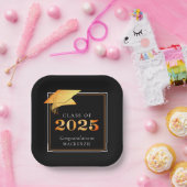 卒業式2025ブラックメタリックフェイクオレンジ ペーパープレート (パーティー)