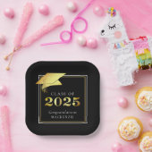 卒業式2025ブラックメタリックフェイク金ゴールド ペーパープレート (パーティー)