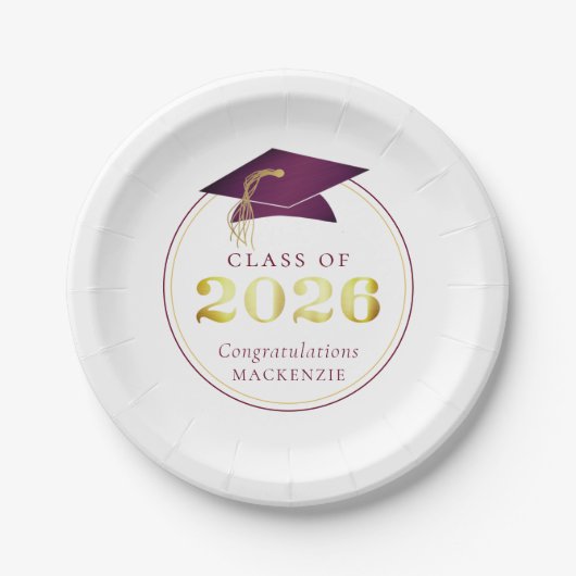 卒業式2025メタリックフェイクマルーン金ゴールド ペーパープレート (正面)