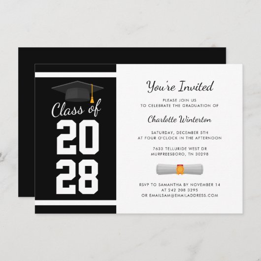 卒業式2025モダン白黒卒業パーティー 招待状 (正面/裏面)