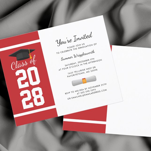 卒業式2025レッドホワイトグラードパーティの招待状 (Graduation 2024 Party Red and White Typography Invitation)