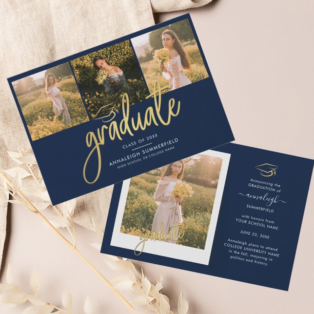 卒業式2025写真コラージュの卒業発表 (Graduation 4 Photos Grad Navy Blue Announcement)