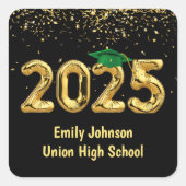 卒業式2025年金ゴールド風船と緑の帽子 スクエアシール (正面)
