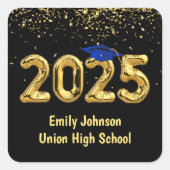 卒業式2025年金ゴールド風船と青い帽子 スクエアシール (正面)