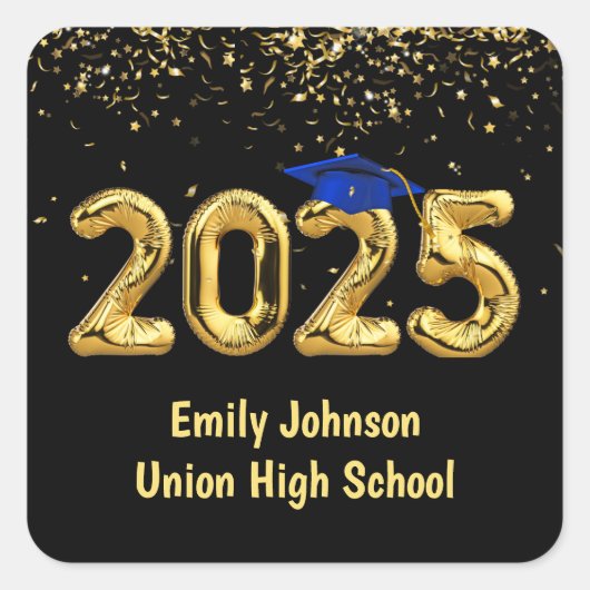 卒業式2025年金ゴールド風船と青い帽子 スクエアシール (正面)