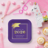 卒業式2025紫メタリックフェイク金ゴールド ペーパープレート (パーティー)