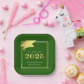 卒業式2025緑の金属フェイク金ゴールド ペーパープレート (パーティー)