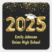 卒業式2025金ゴールドバルーンとホワイトキャップ スクエアシール (正面)