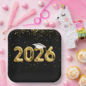 卒業式2025金ゴールドバルーンとホワイトキャップ ペーパープレート (パーティー)