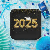 卒業式2025金ゴールドバルーンとホワイトキャップ ペーパープレート (パーティー)