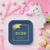 卒業式2025青フェイク金ゴールドまたはカスタム色 ペーパープレート (パーティー)