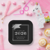 卒業式2025黒フェイク金属銀 ペーパープレート (パーティー)