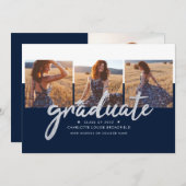 卒業式2025 Photo Collage Navy and Silver Grad 案内状 (正面/裏面)