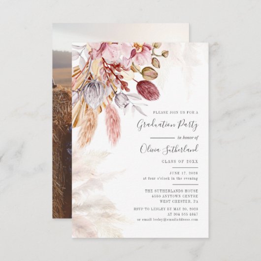 卒業式2025 Photo Pampas Grass Gradパーティー 招待状 (正面/裏面)