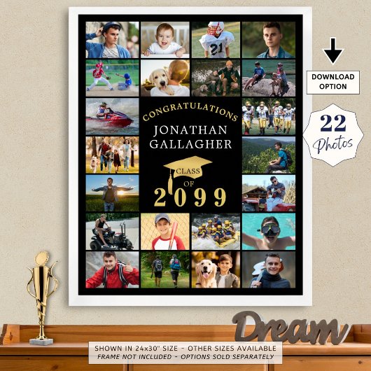 卒業式22フォトコラージュおめでとうブラック金ゴールド ポスター