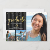 卒業式3フォトコラージュブラック金ゴールドグリッターシック 招待状 (正面)