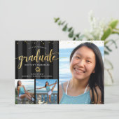 卒業式3フォトコラージュブラック金ゴールドグリッターシック 招待状 (スタンド正面)