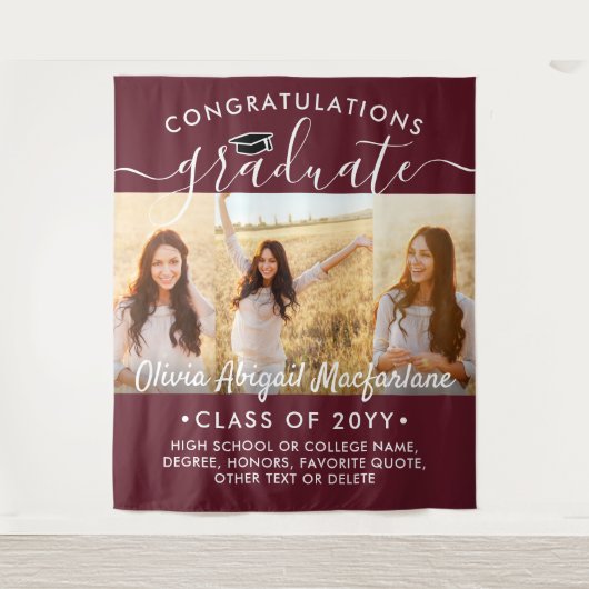 卒業式3フォトコラージュマルーン&ホワイトバックドロップ タペストリー (正面)