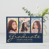 卒業式3フォトコラージュモダン金ゴールドスクリプトブルー 案内状 (スタンド正面)