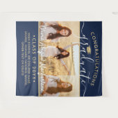 卒業式3フォトコラージュ大海軍ブルー&金ゴールド タペストリー (正面(横))