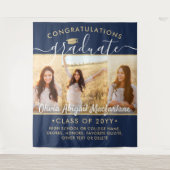 卒業式3フォトコラージュ大海軍ブルー&金ゴールド タペストリー (正面)