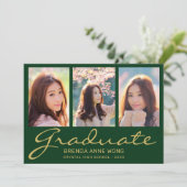 卒業式3フォトコラージュ金ゴールドスクリプトグリーン2023 案内状 (スタンド正面)