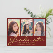 卒業式3フォトコラージュ金ゴールドスクリプトマルーン2025 案内状 (スタンド正面)