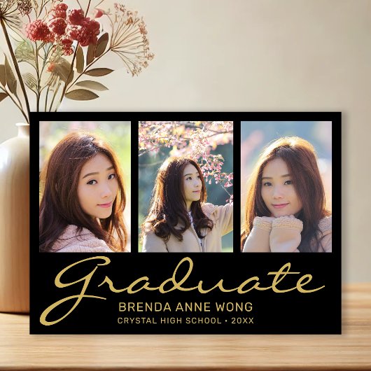 卒業式3フォトコラージュ金ゴールドタイポグラフィスクリプト 案内状