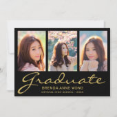 卒業式3フォトコラージュ金ゴールドタイポグラフィスクリプト 案内状 (正面)