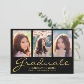 卒業式3フォトコラージュ金ゴールドタイポグラフィスクリプト 案内状 (スタンド正面)