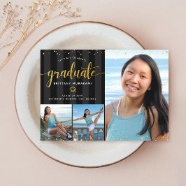 卒業式3フォトコラージュ黒金ゴールドスクリプトシック 案内状