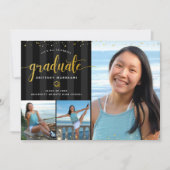 卒業式3フォトコラージュ黒金ゴールドスクリプトシック 案内状 (正面)